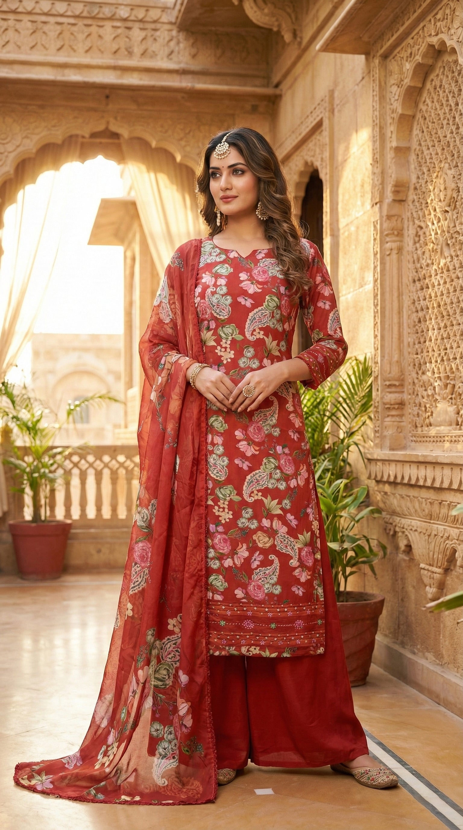 Vyom Fashion Digital Pashmina Suit – Red Floral Print & Embellished Dupatta