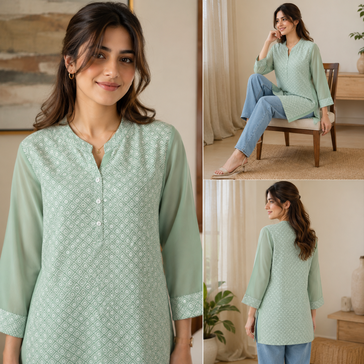 Mint Green Mosaic Self-Weave Mandarin Tunic