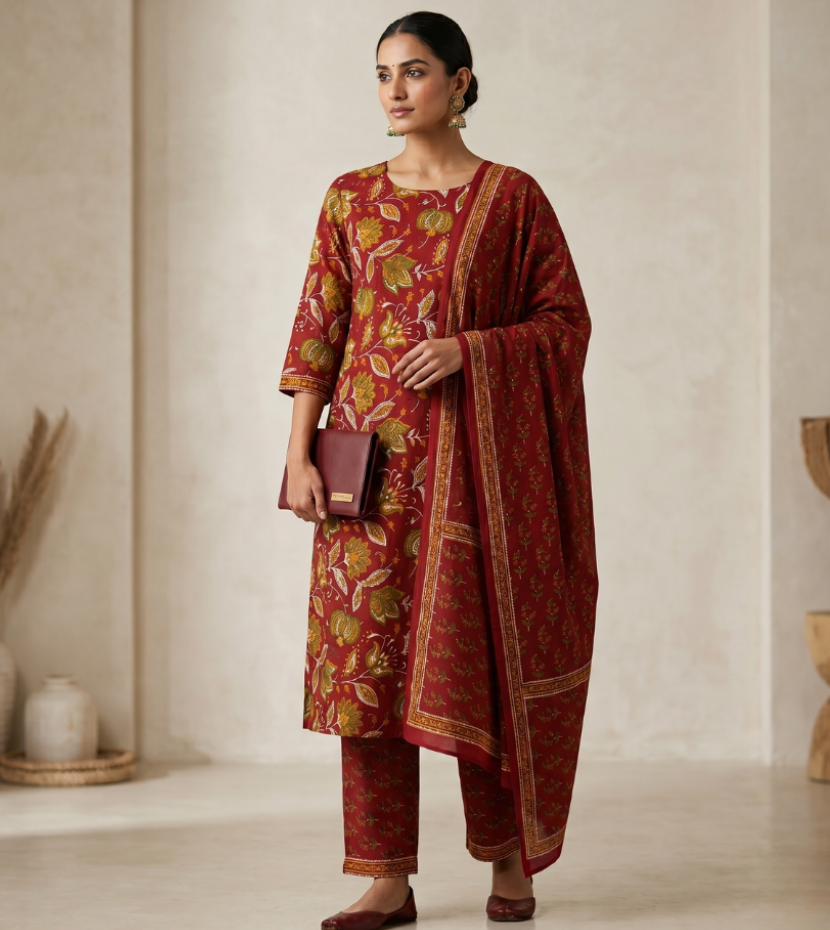 Crimson Red Floral Digital Print Unstitched Dress Material with Dupatta