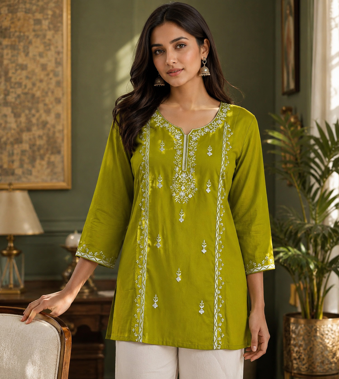 Olive Green Embroidered Cotton Tunic Top