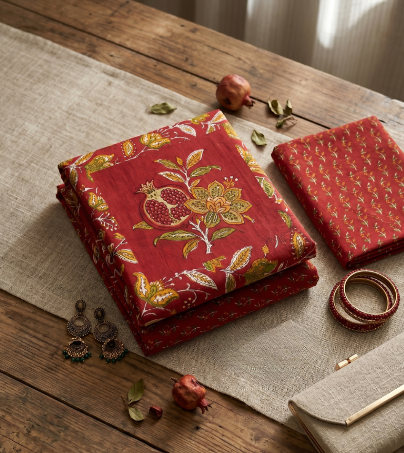 Crimson Red Floral Digital Print Unstitched Dress Material with Dupatta