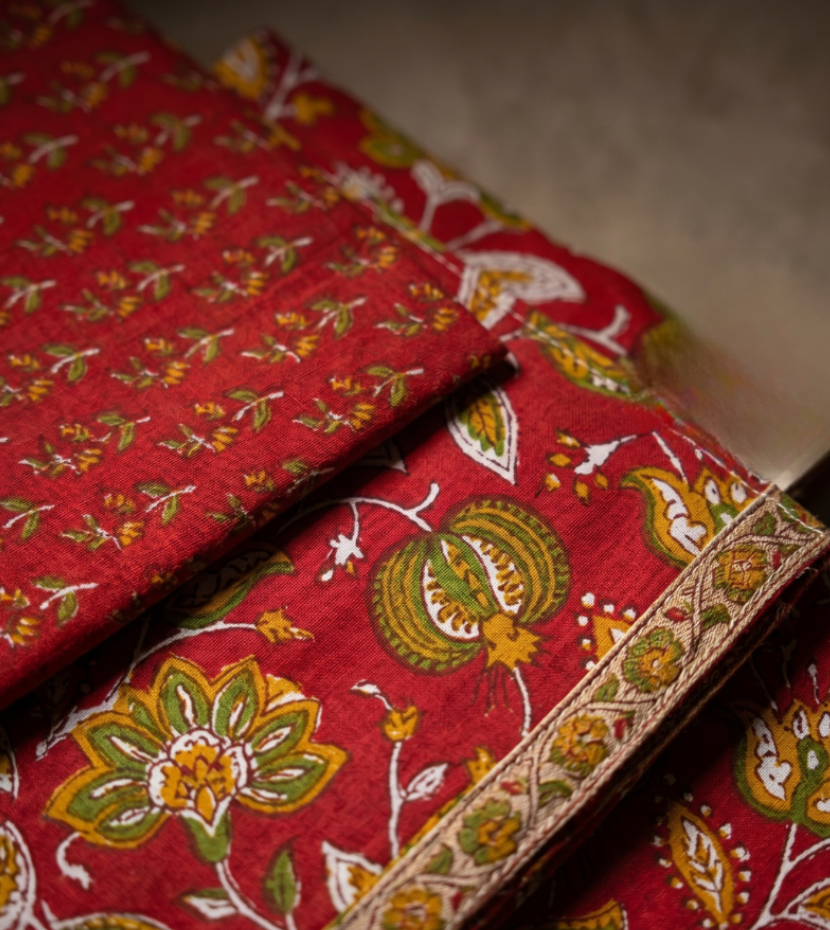 Crimson Red Floral Digital Print Unstitched Dress Material with Dupatta