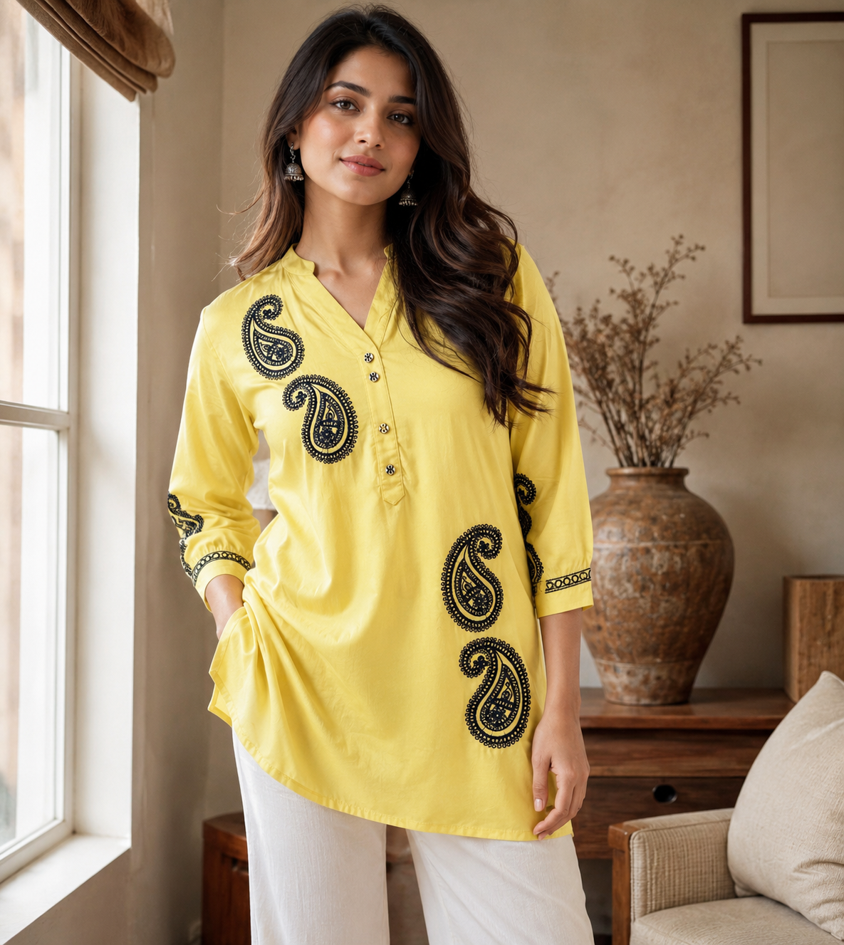 Vibrant Yellow Paisley Embroidered Tunic Kurti