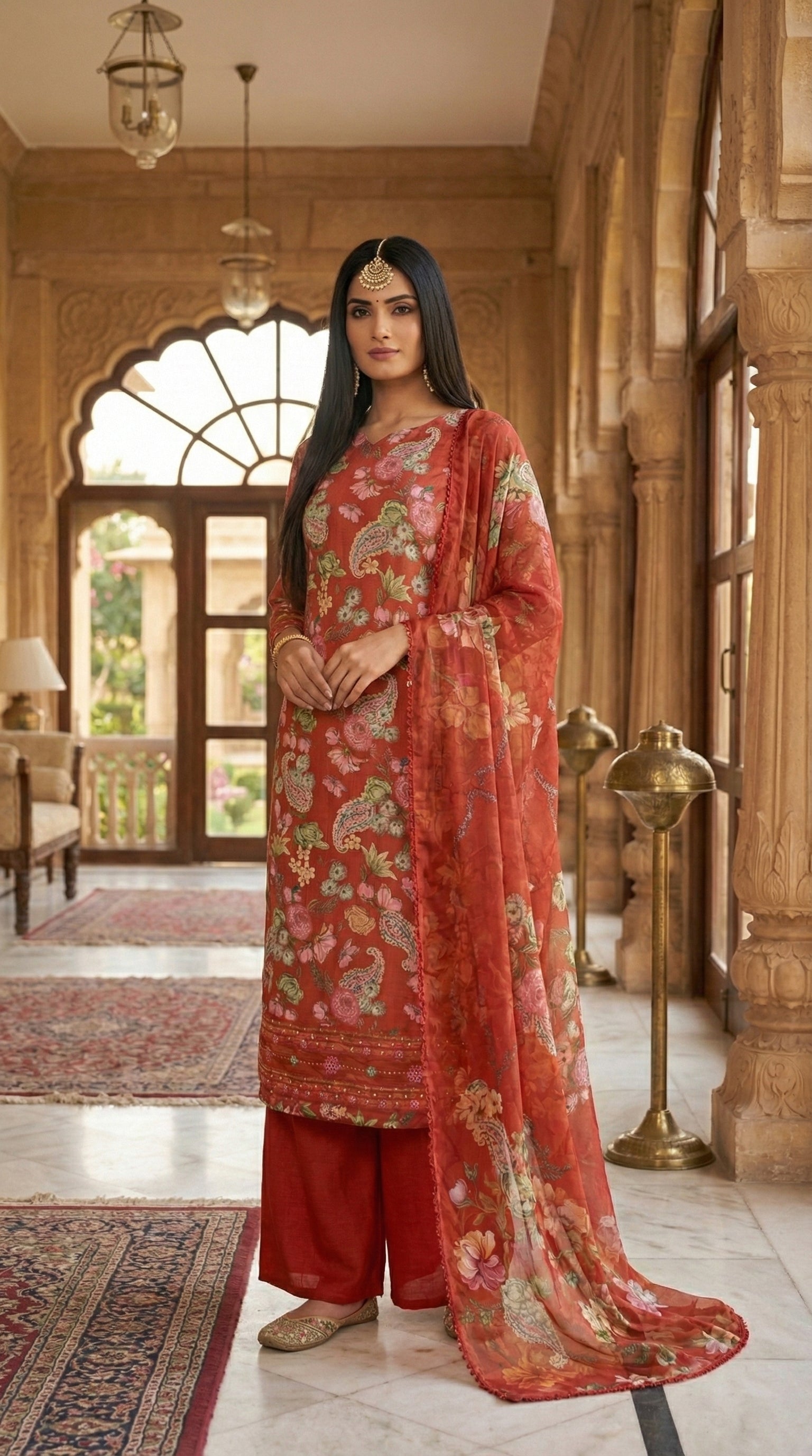 Vyom Fashion Digital Pashmina Suit – Red Floral Print & Embellished Dupatta