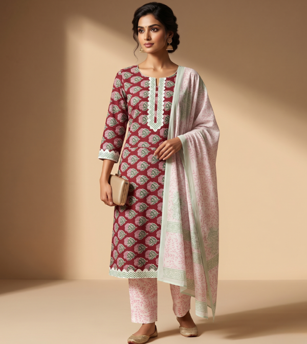 Wine Red & Pastel Floral Unstitched Salwar Suit Set with Contrast Dupatta