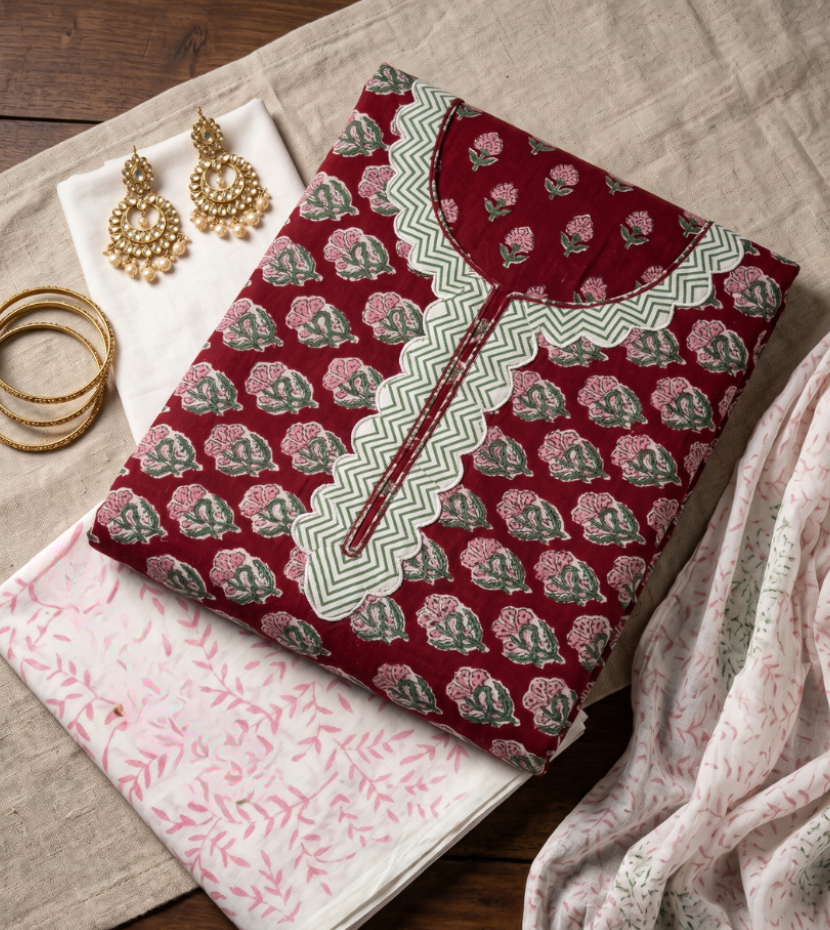 Wine Red & Pastel Floral Unstitched Salwar Suit Set with Contrast Dupatta