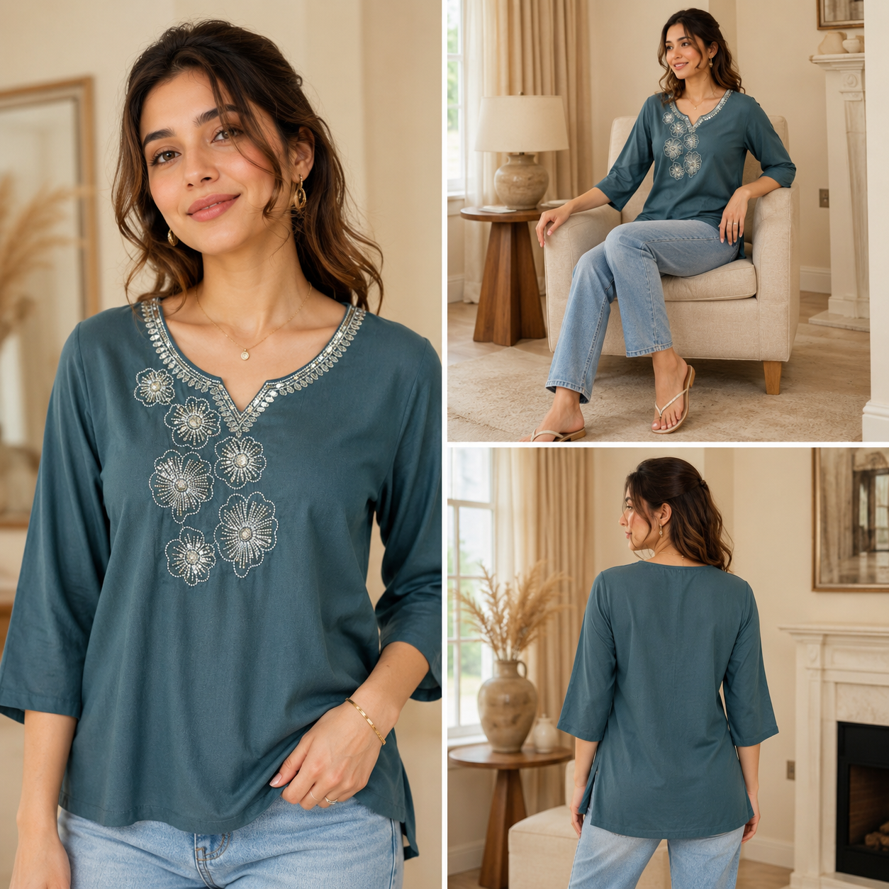 Charcoal Teal Geometric Abstract Top