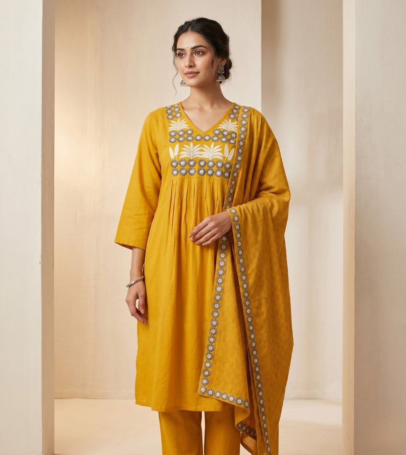 Mustard Yellow Embroidered Kurta Set with Dupatta