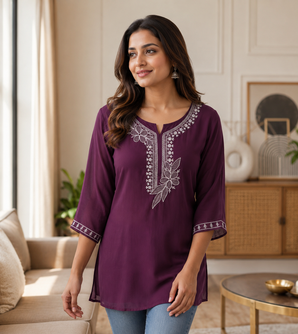Plum Purple Floral Embroidered Rayon Tunic Top