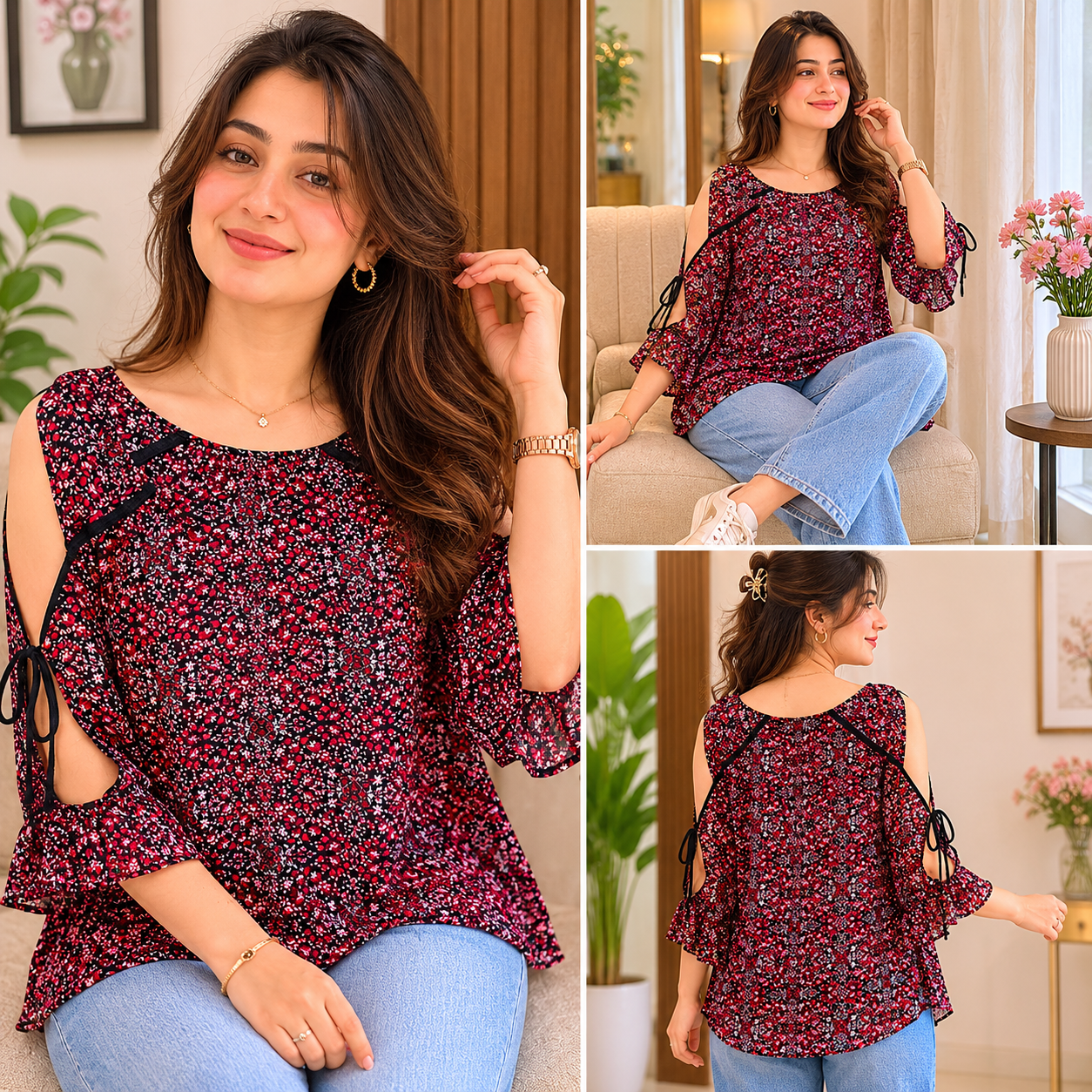 Midnight Crimson Floral Lattice Tunic