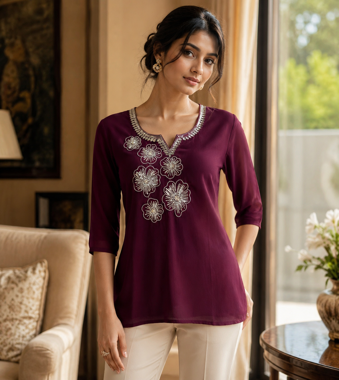 Deep Burgundy Embellished Floral Kurti