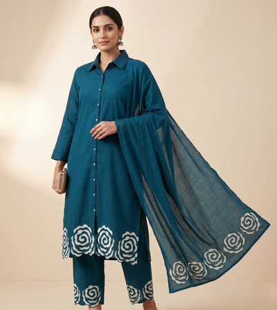 Teal Blue Floral Scallop Border Shirt-Style Kurta Set