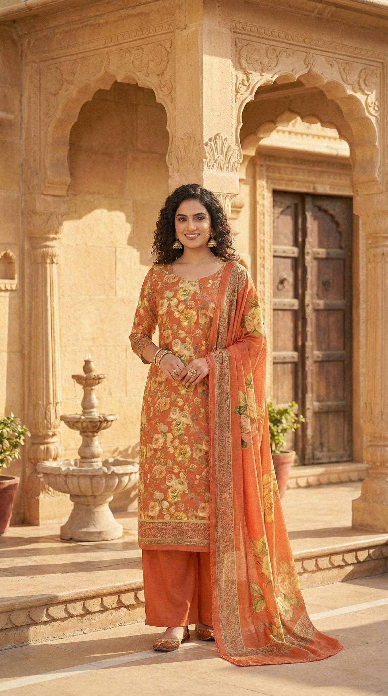 Digital Pashmina Suit – Rust Orange Floral Print with Embellished Dupatta