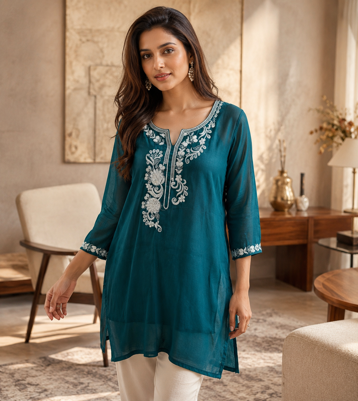 Peacock Blue Silk-Blend Kurta with Intricate Hand-Embroidery