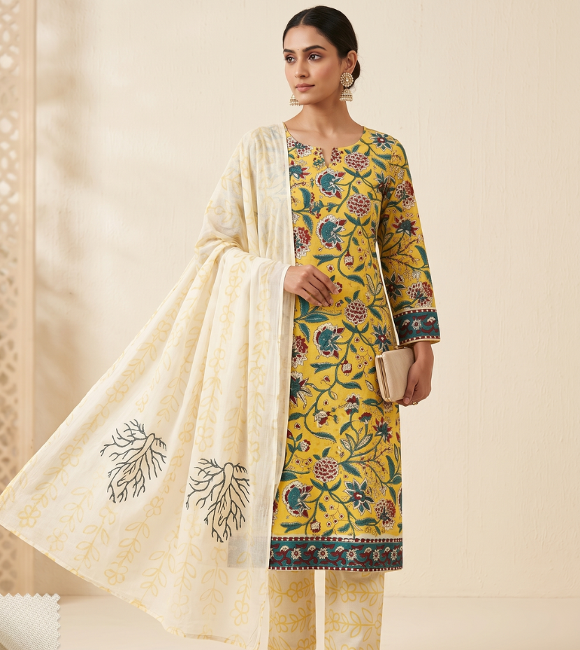 Vibrant Mustard Floral Vine Unstitched Suit Material with Dupatta