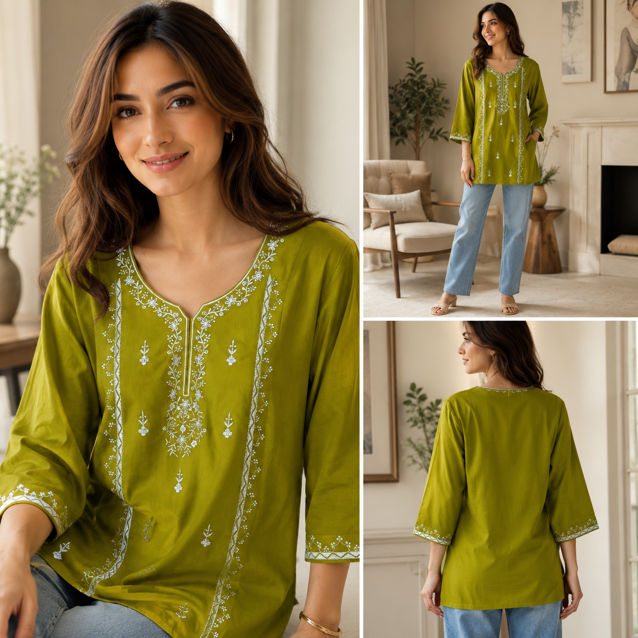 Olive Green Embroidered Cotton Tunic Top
