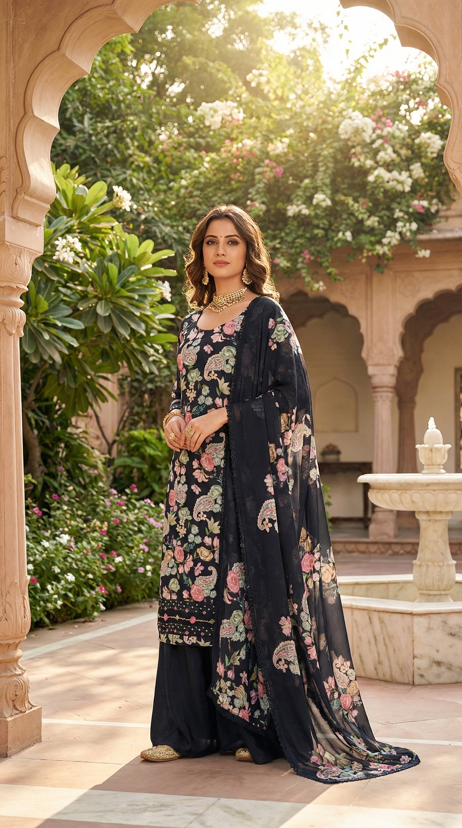 Digital Pashmina Suit – Floral Embroidery & Stylish Dupatta