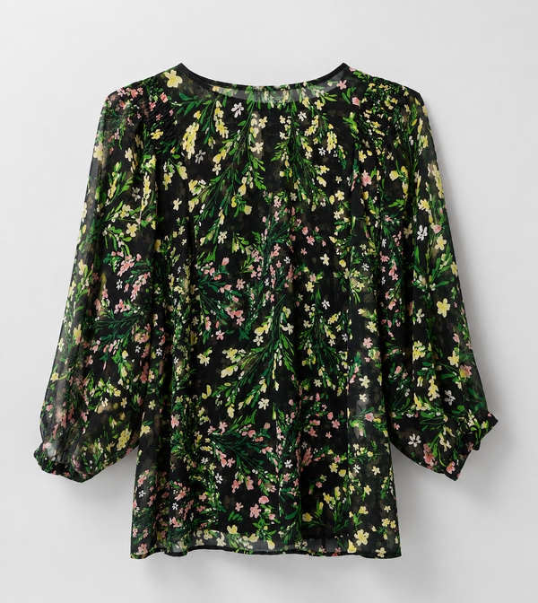 Midnight Botanical Print Chiffon Peplum Top