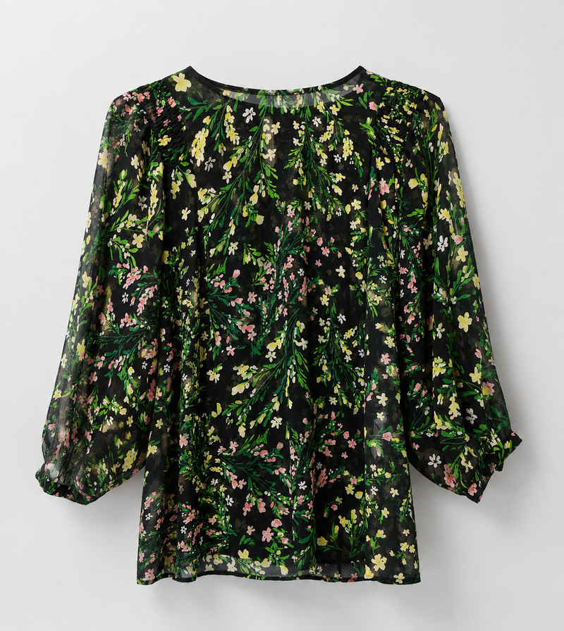 Midnight Botanical Print Chiffon Peplum Top