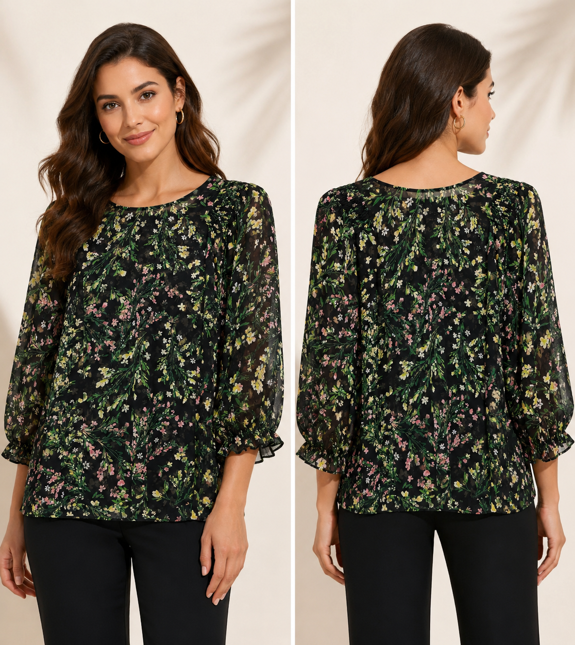 Midnight Botanical Print Chiffon Peplum Top