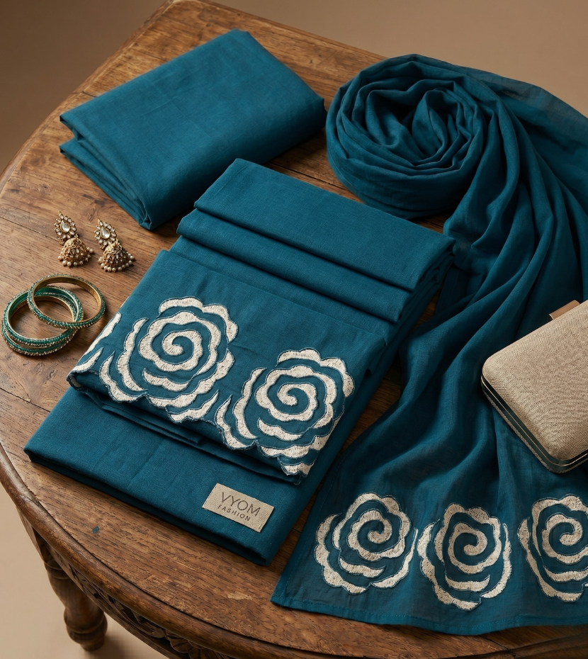Teal Blue Floral Scallop Border Shirt-Style Kurta Set