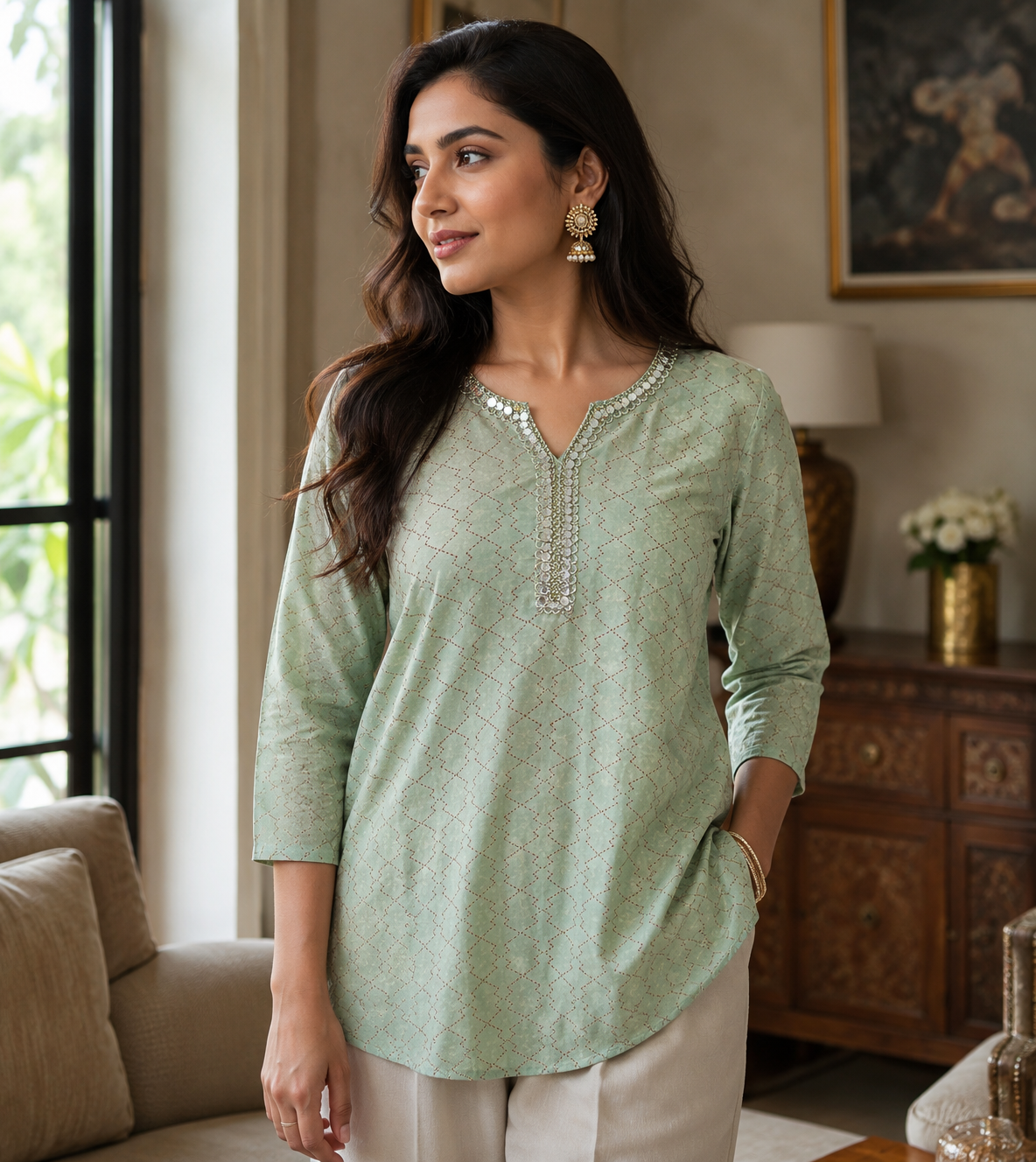 Sage Green Geometric Tunic with Sequin Neckline