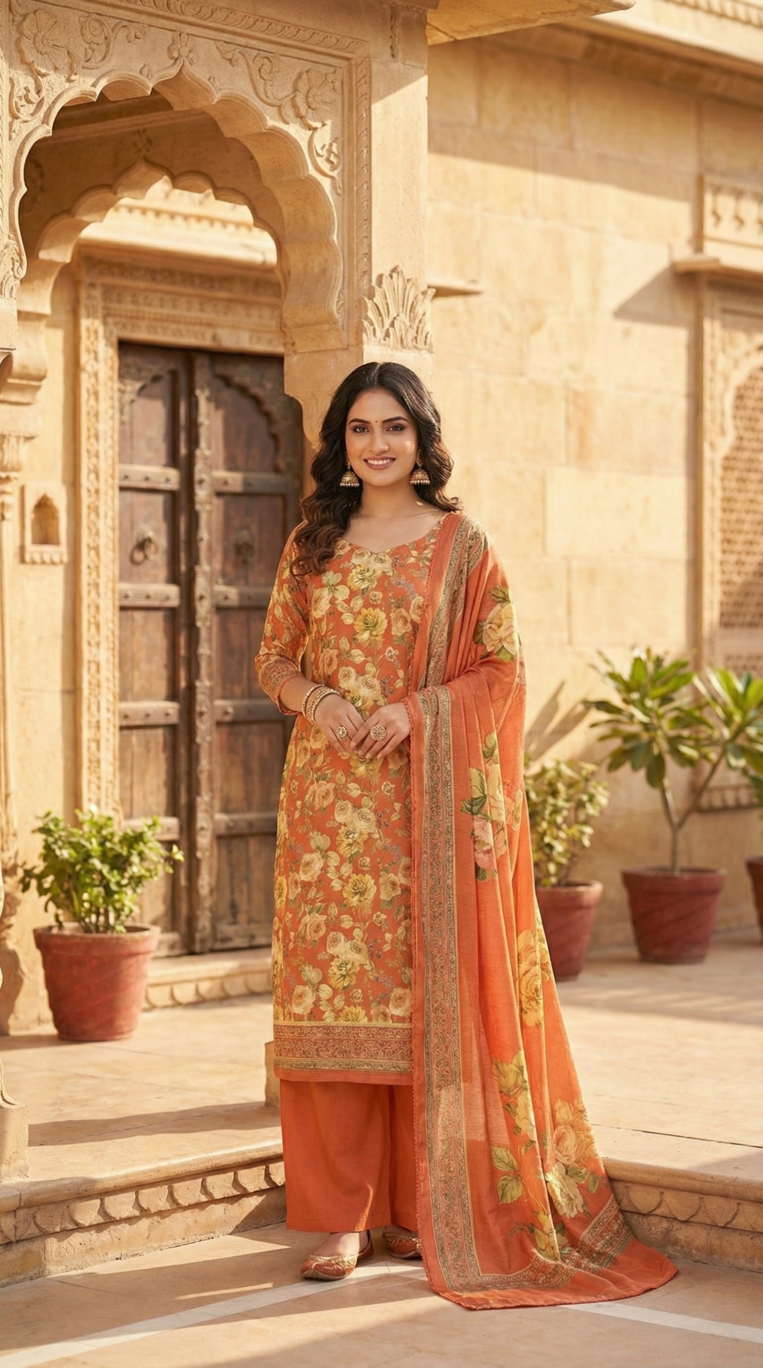 Digital Pashmina Suit – Rust Orange Floral Print with Embellished Dupatta
