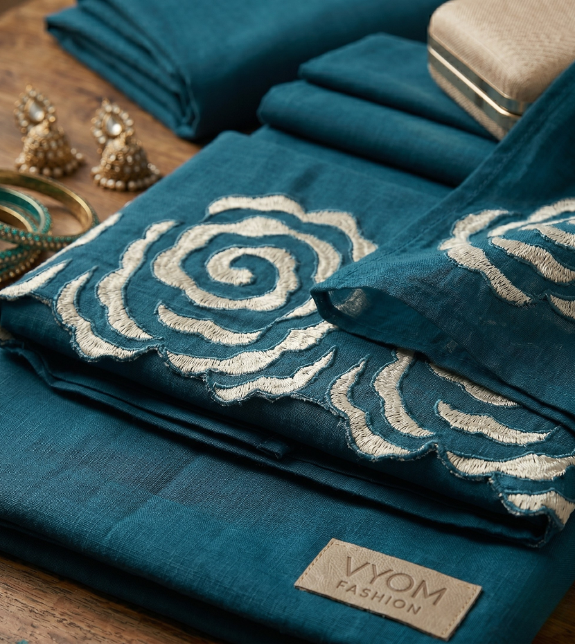 Teal Blue Floral Scallop Border Shirt-Style Kurta Set