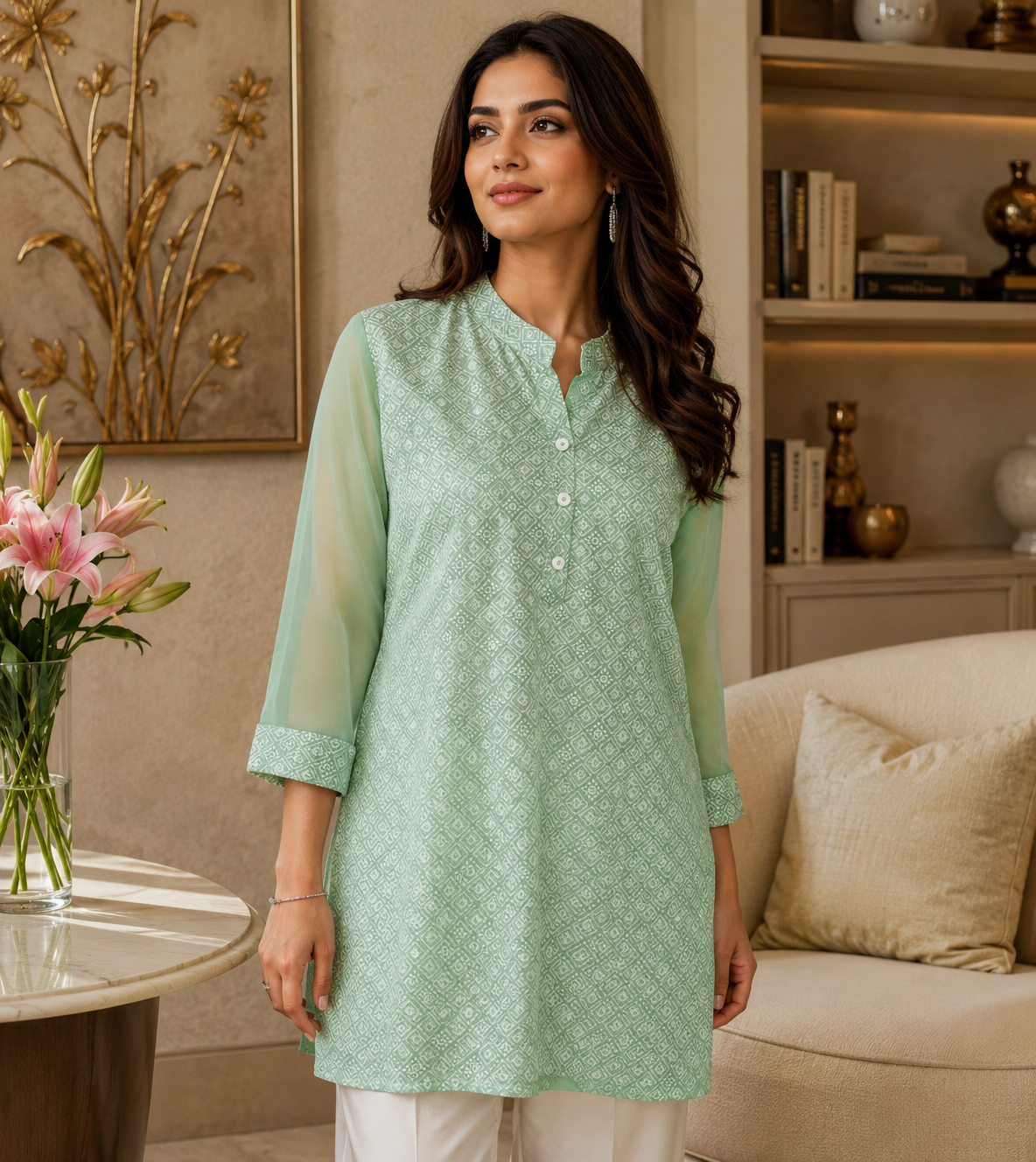 Mint Green Mosaic Self-Weave Mandarin Tunic