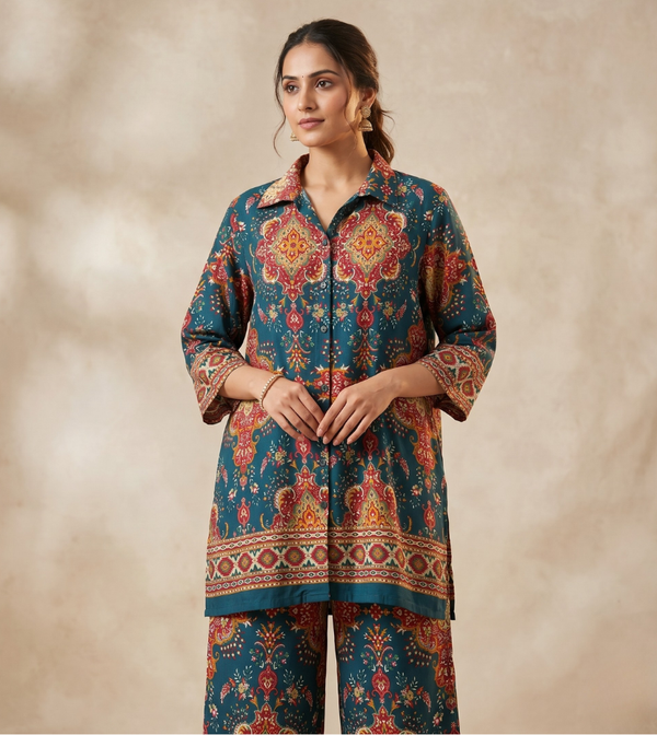 Ornate Heritage Print Premium Co-ord Set in Deep Teal