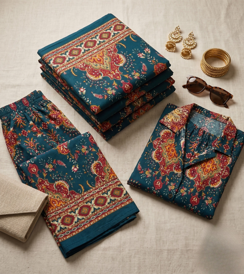 Ornate Heritage Print Premium Co-ord Set in Deep Teal