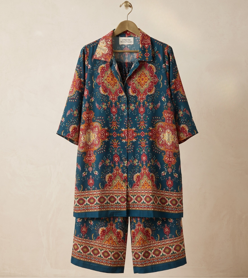 Ornate Heritage Print Premium Co-ord Set in Deep Teal