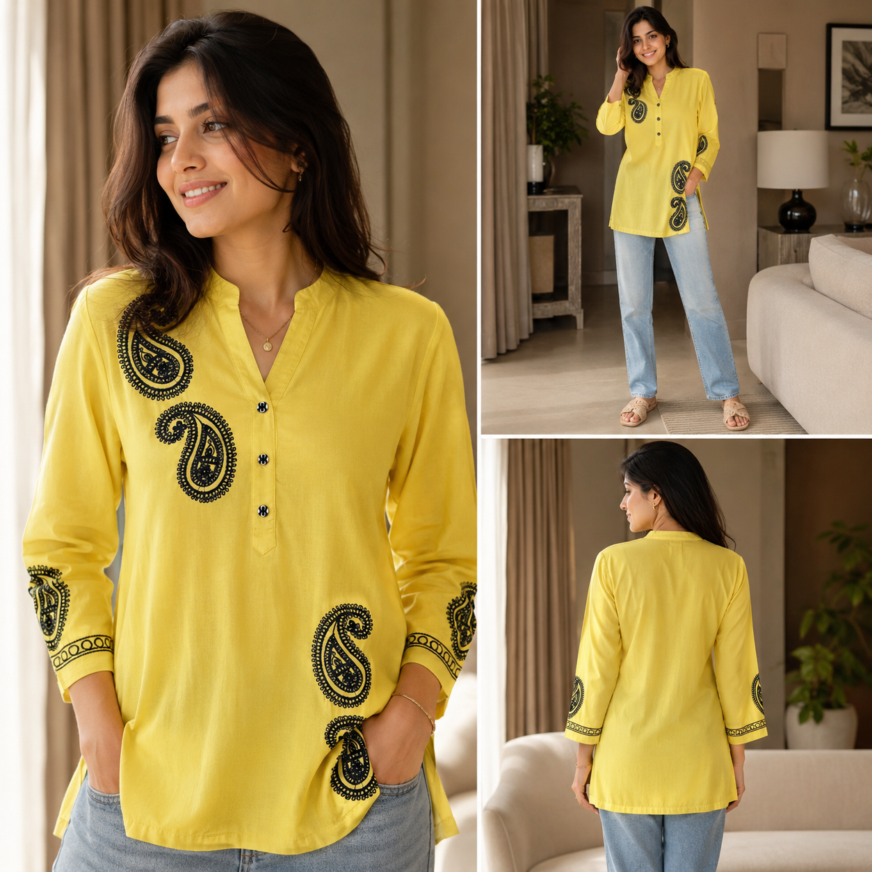 Vibrant Yellow Paisley Embroidered Tunic Kurti