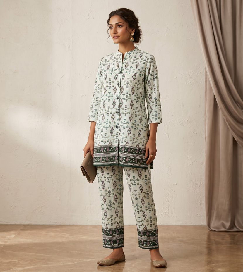 Mint Green Button-Down Tunic and Trouser Co-ord Set