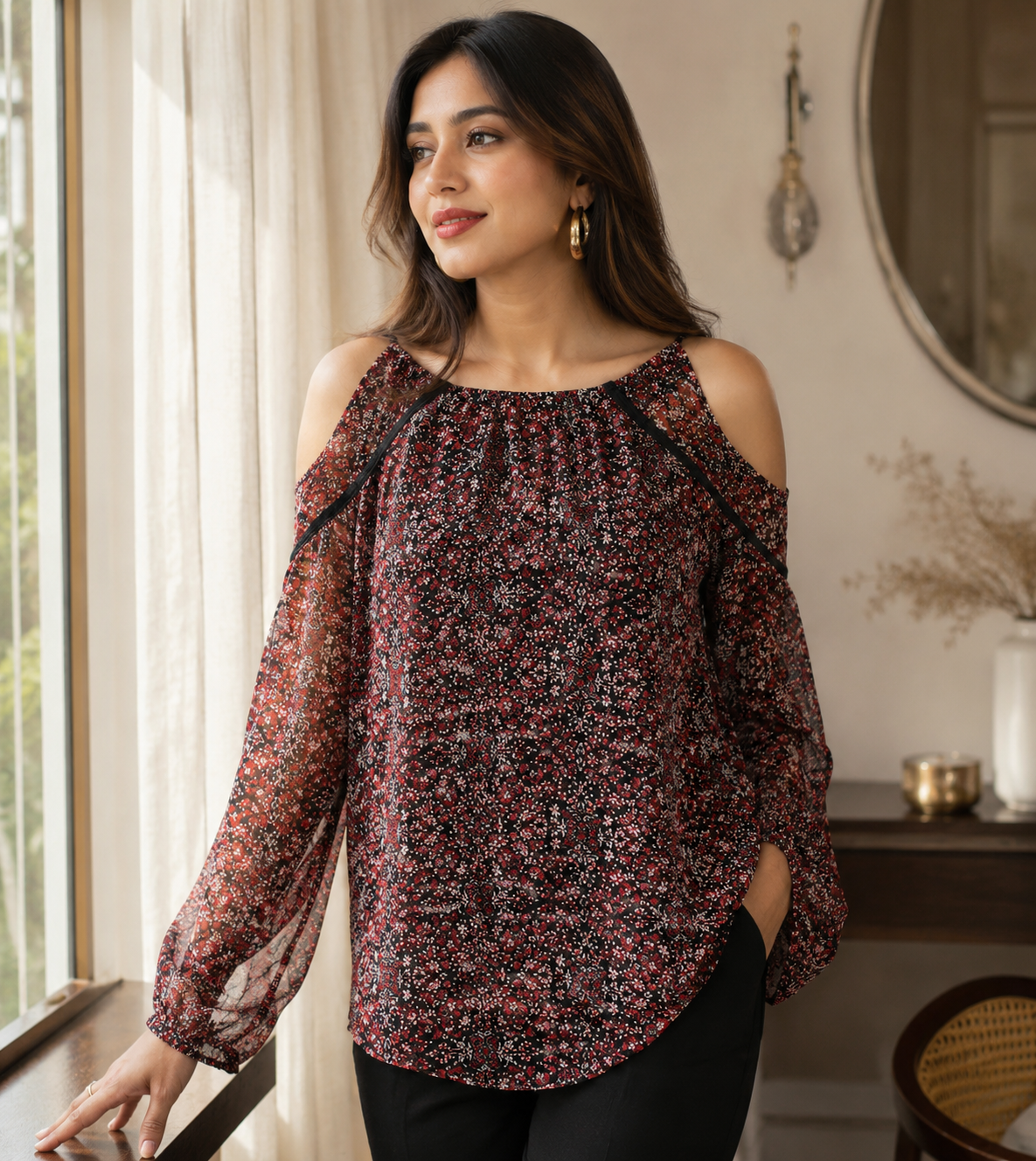 Midnight Crimson Floral Lattice Tunic