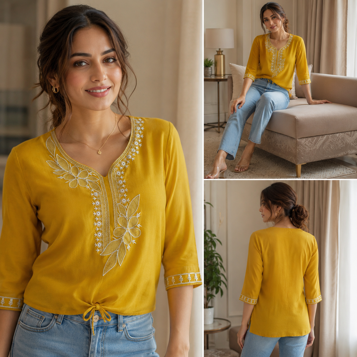 Mustard Yellow Embroidered Tie-Front Top