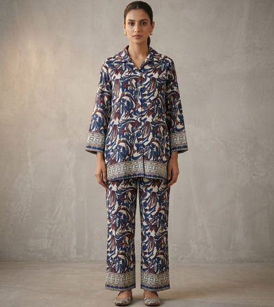 Indigo & Beige Abstract Floral Print Notch-Collar Lounge Set