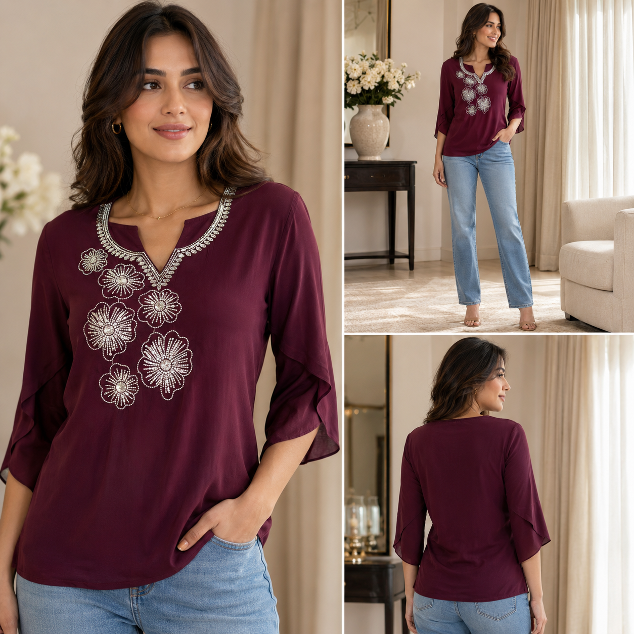 Deep Burgundy Embellished Floral Kurti