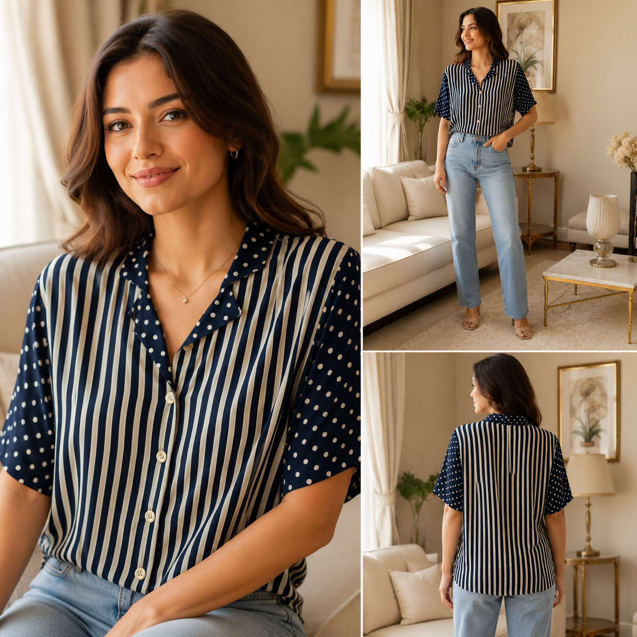 Navy Mixed-Print Striped & Polka Dot Shirt