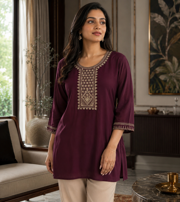 Deep Wine Embroidered Georgette Tunic Top
