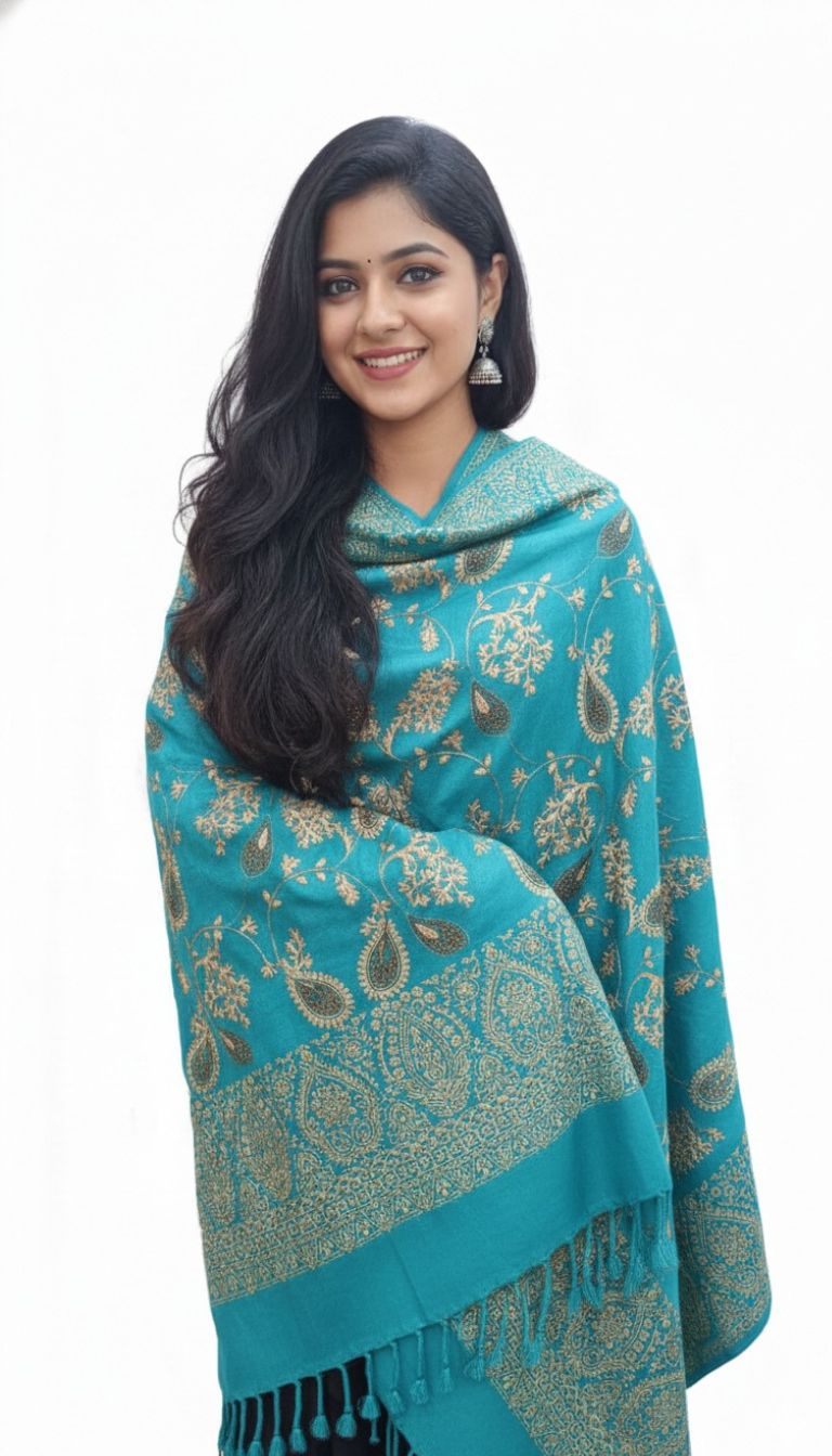 Teal Blue Women’s Embroidered Shawl with Paisley Motifs