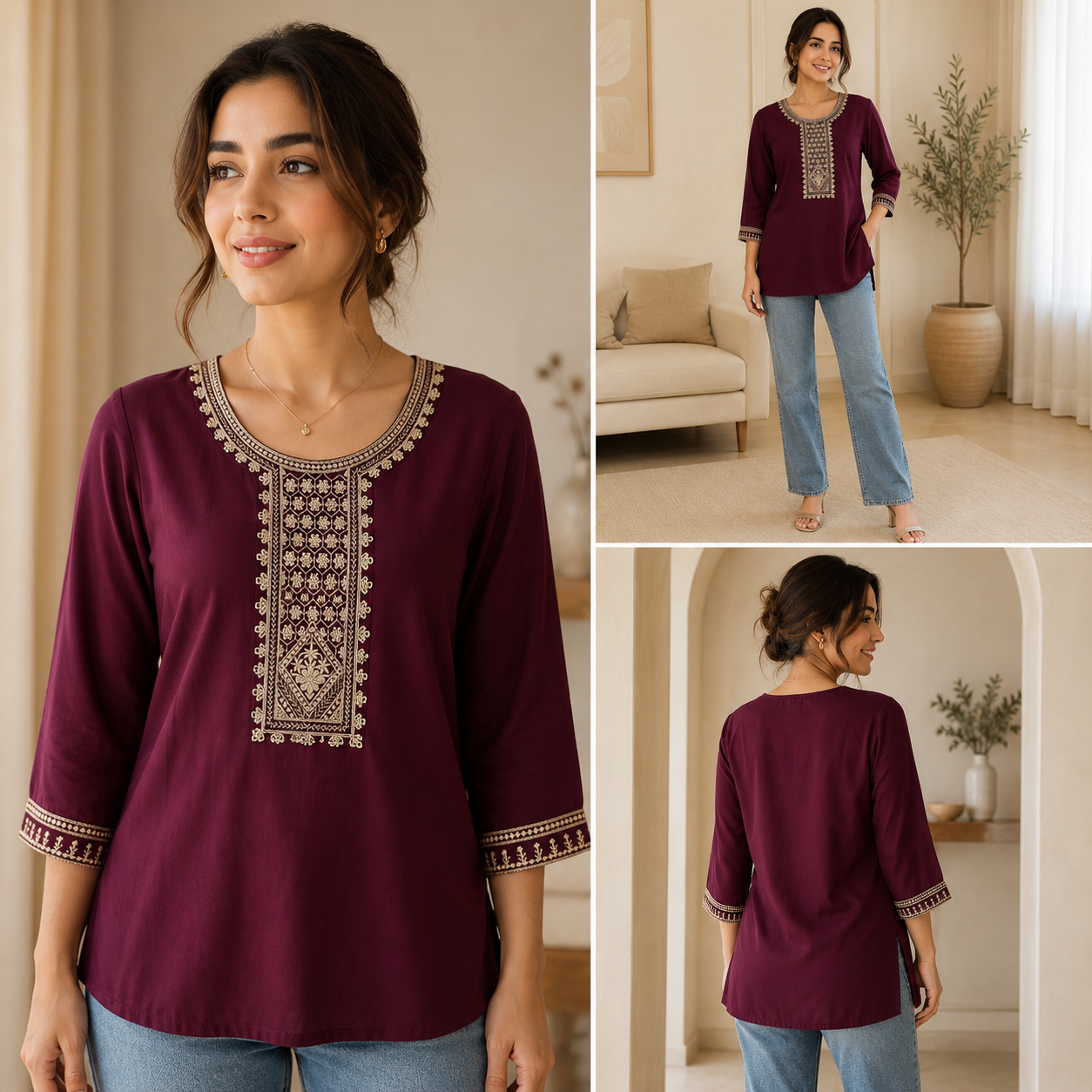 Deep Wine Embroidered Georgette Tunic Top