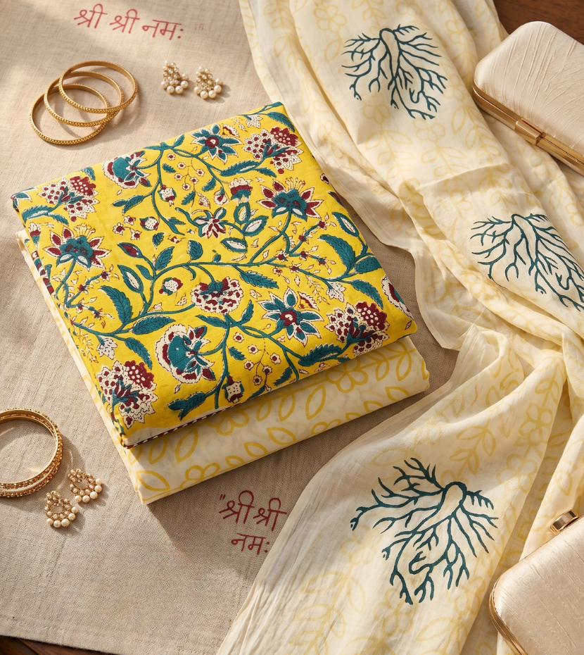 Vibrant Mustard Floral Vine Unstitched Suit Material with Dupatta