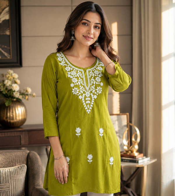 Zuri Olive Green Cotton Kurta with Intricate White Thread Work