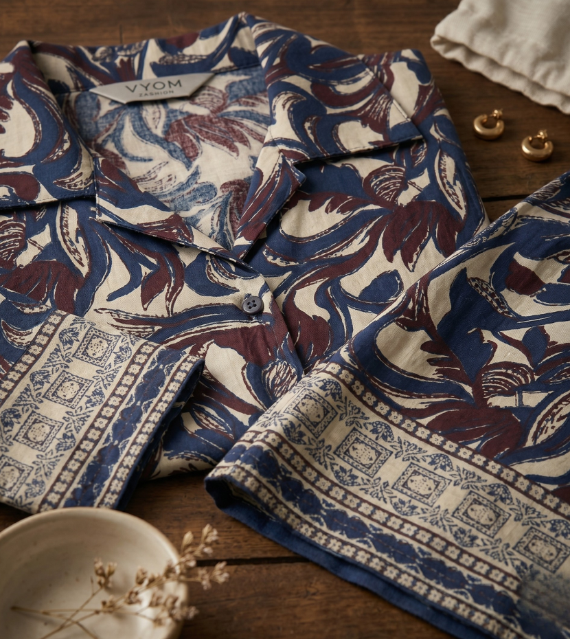 Indigo & Beige Abstract Floral Print Notch-Collar Lounge Set