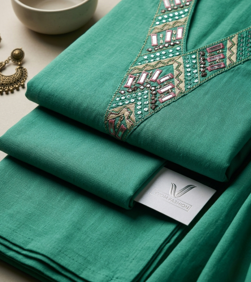 Emerald Green V-Neck Kurta with Tassel Accents and Mirror Embroidery