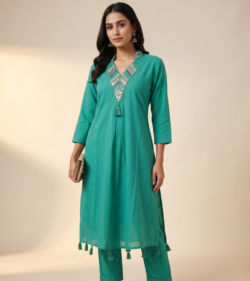 Emerald Green V-Neck Kurta with Tassel Accents and Mirror Embroidery