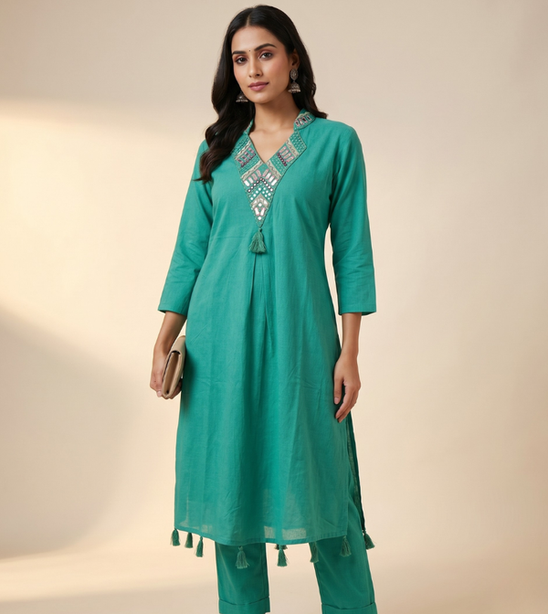Emerald Green V-Neck Kurta with Tassel Accents and Mirror Embroidery