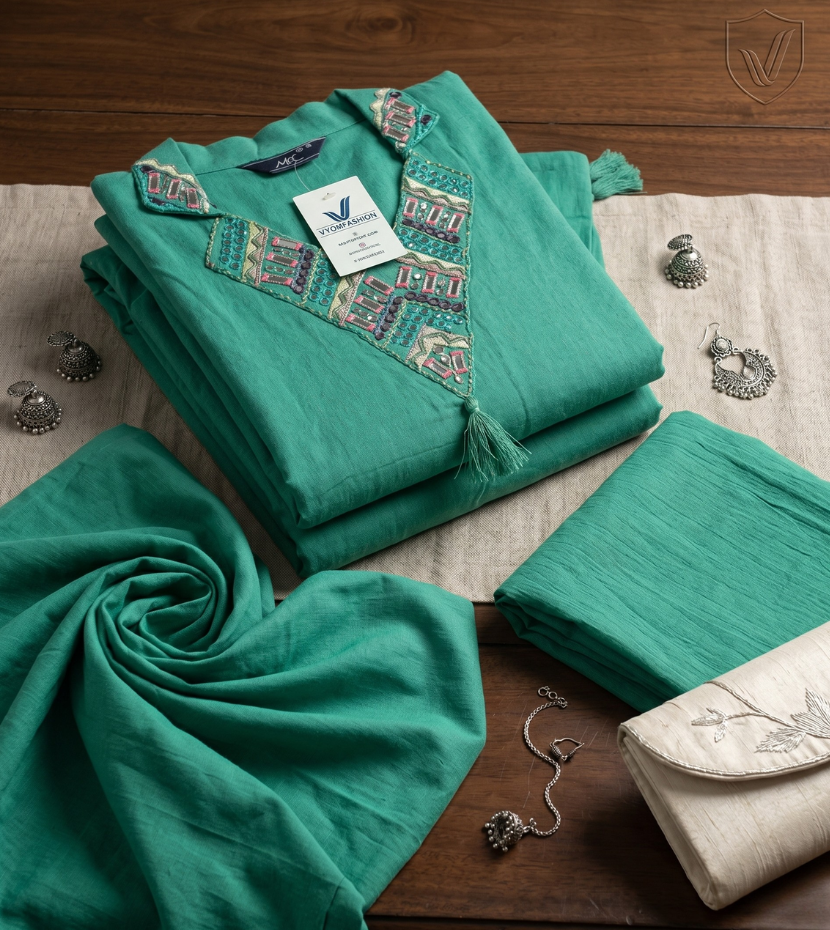 Emerald Green V-Neck Kurta with Tassel Accents and Mirror Embroidery