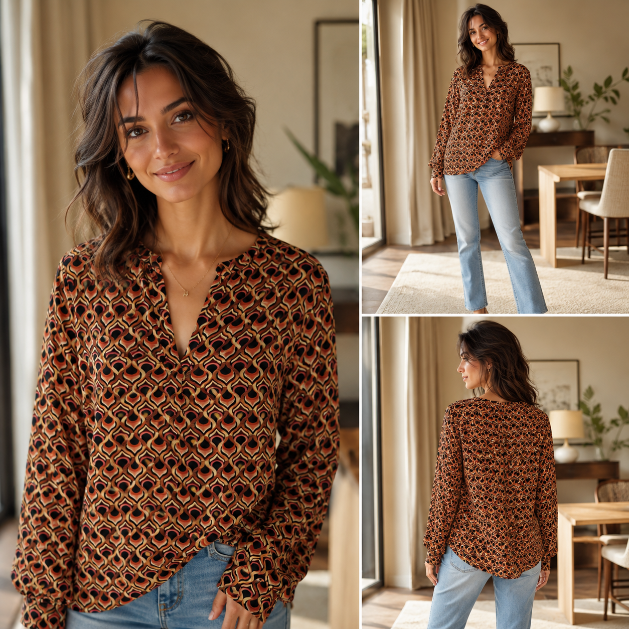 Earthy Geometric Retro Print Top
